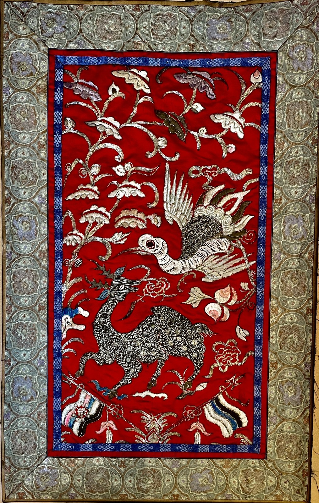 EARLY REPUBLIC CHINESE EMBROIDERY CRANE DEER FIVE COLOUR FLAGS 1912-1928