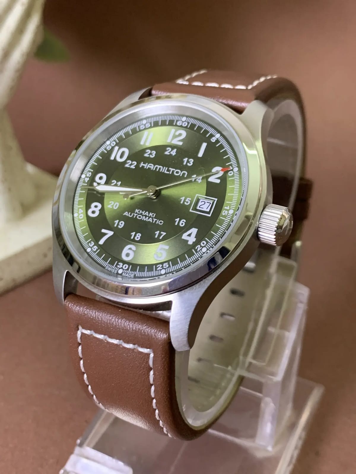 Hamilton Khaki Field Swiss Made H70555533 Green Dial Leather Band Wristwatch