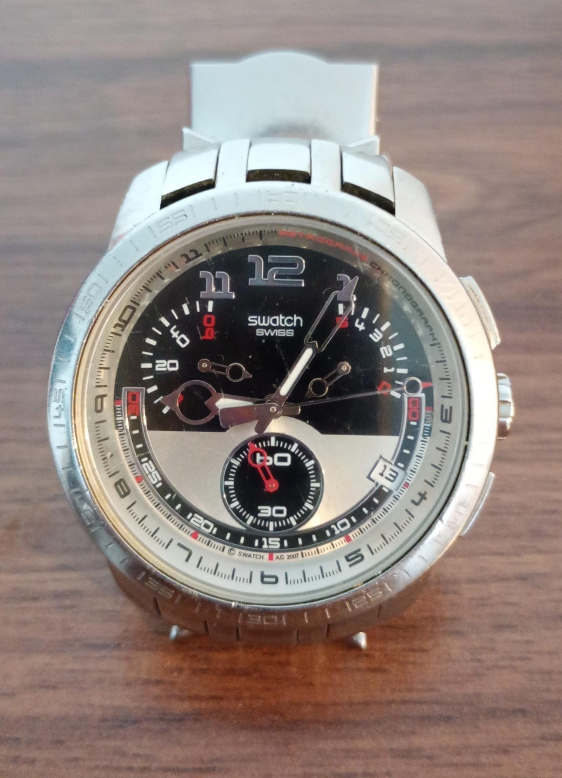 Swatch Irony Retrograde Chrono Fool Fly YRS406G Rare Swiss Made Quartz Watch
