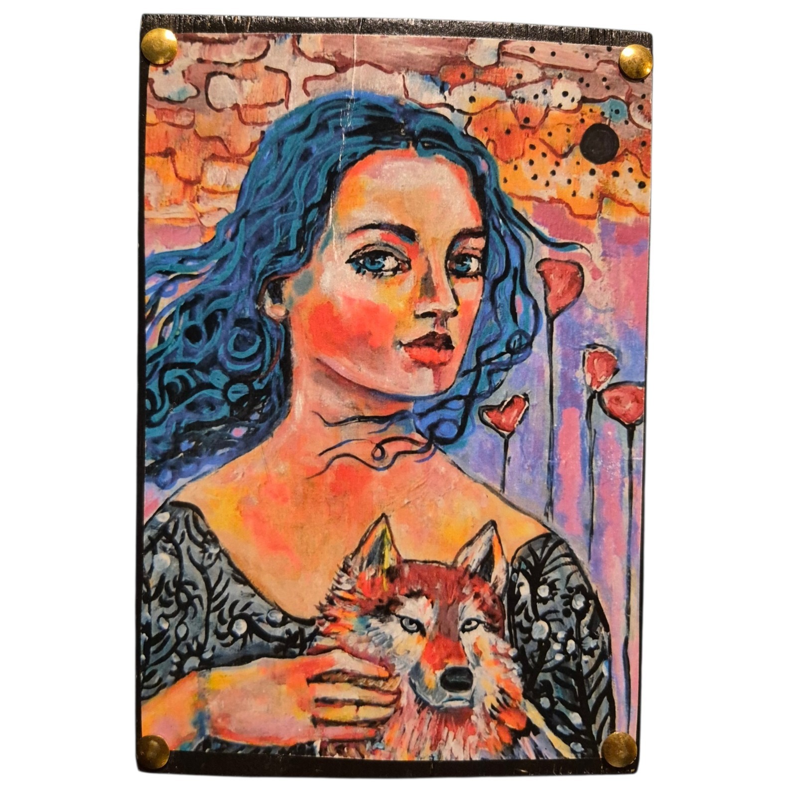 Dana Primrose Bloede Original Mixed Media Art Woman & Wolf Wood Plaque Signed...