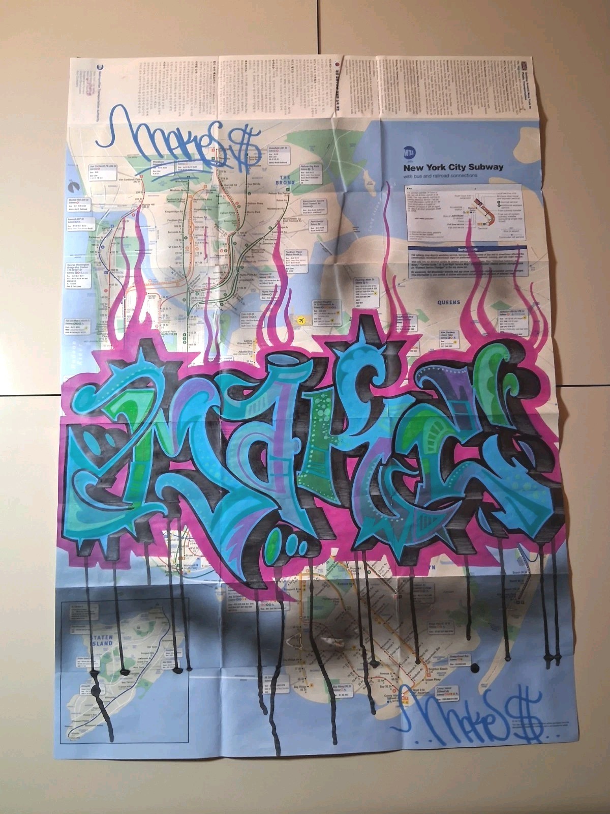 Graffiti Train Map - MAKE$ Graffiti Piece - 23 x 34 Inches - NYC ORIGINAL Graffiti Train Map - MAKE$ Graffiti Piece - 23 x 34 Inches - NYC ORIGINAL