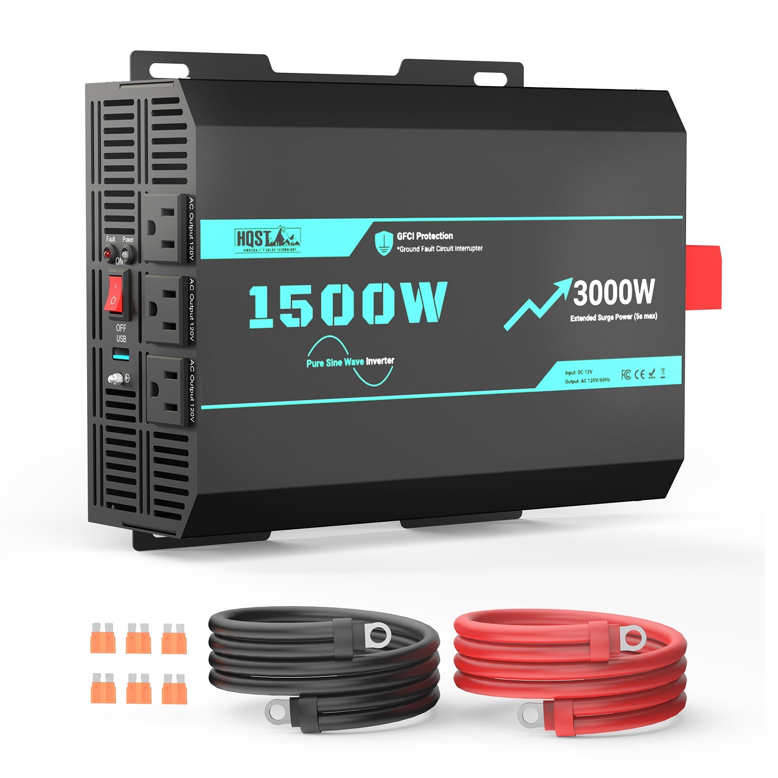 HQST 1500W Pure Sine Wave Inverter 12V to 120V with 3000W Surge & GFCI Protectio