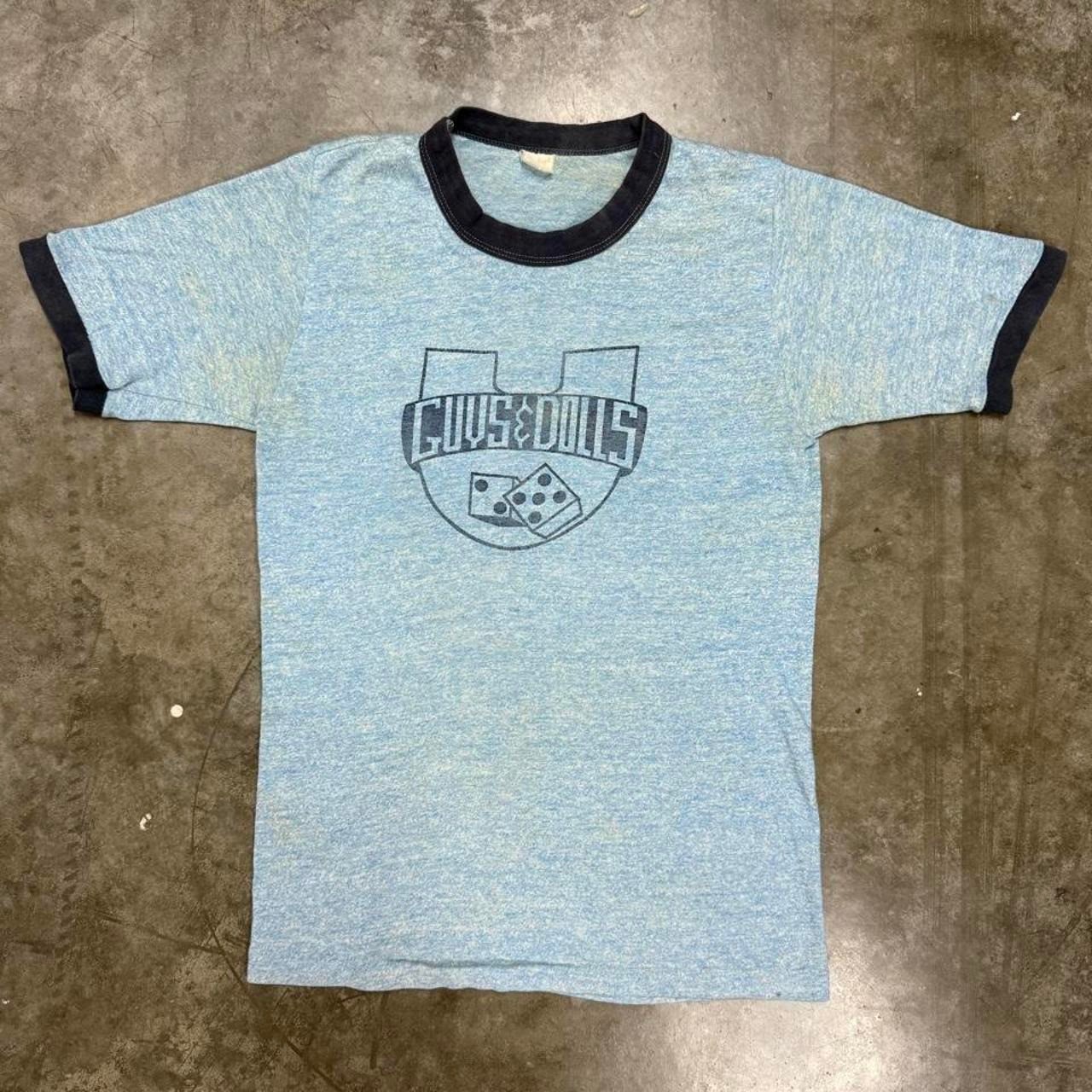 Vintage 70s Guys & Dolls Musical Ringer Tee Blue Single Stitch XS