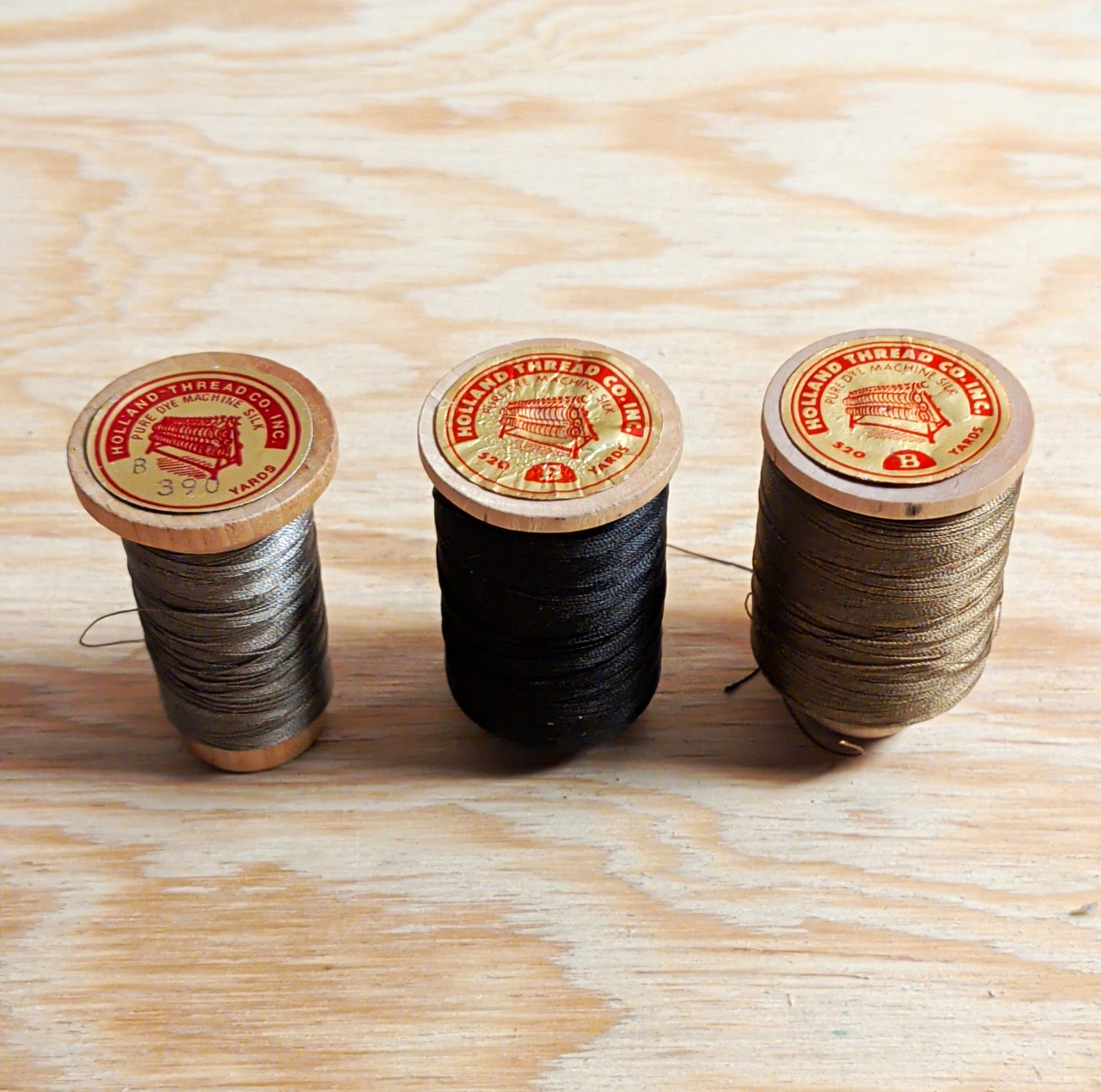 Vintage Holland Thread Co Pure Dye Machine Silk Thread Wood Spools Lot of 3