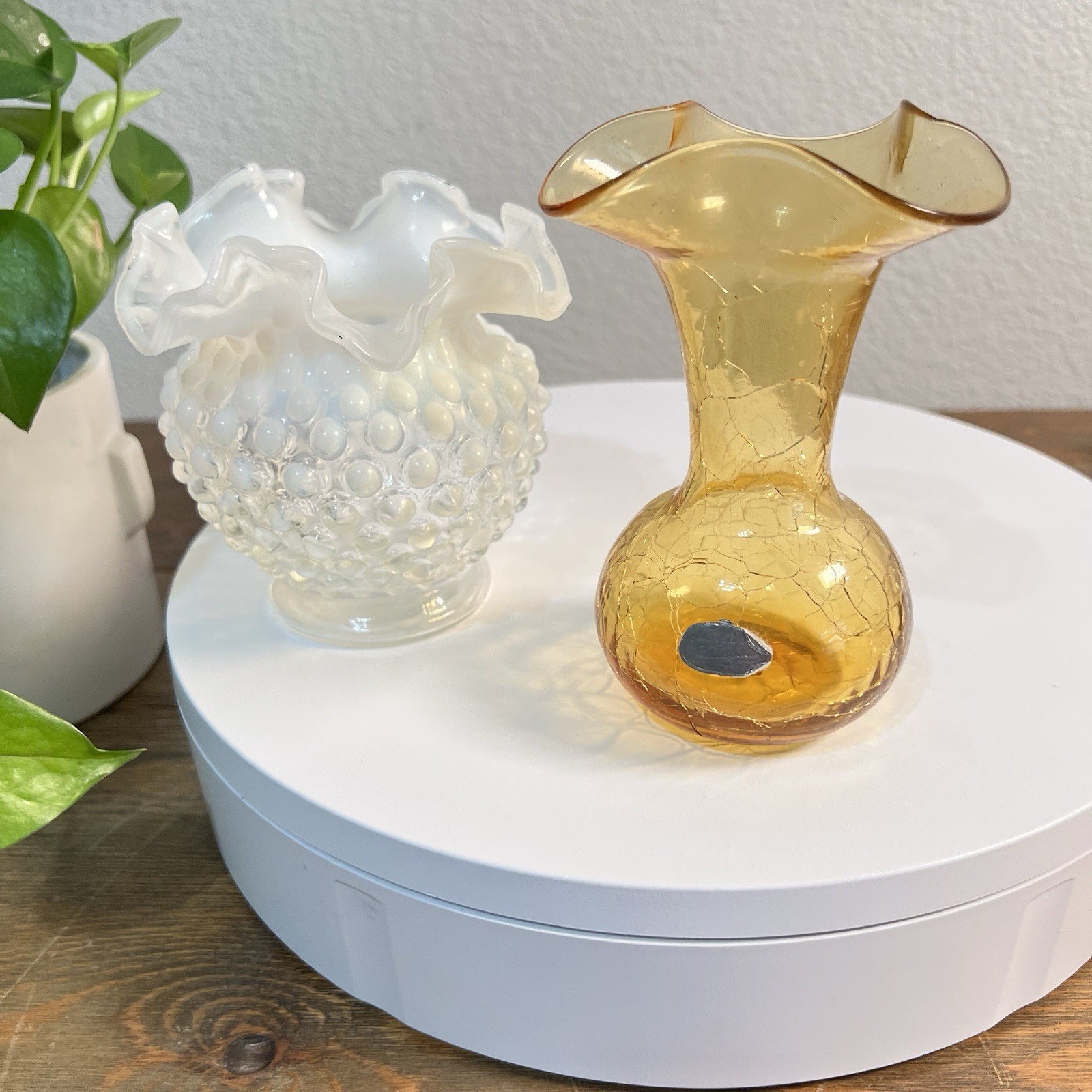 Vintage Fenton Opalescent White Hobnail Mini Bud Vases  & Amber Crackle Set Of 2