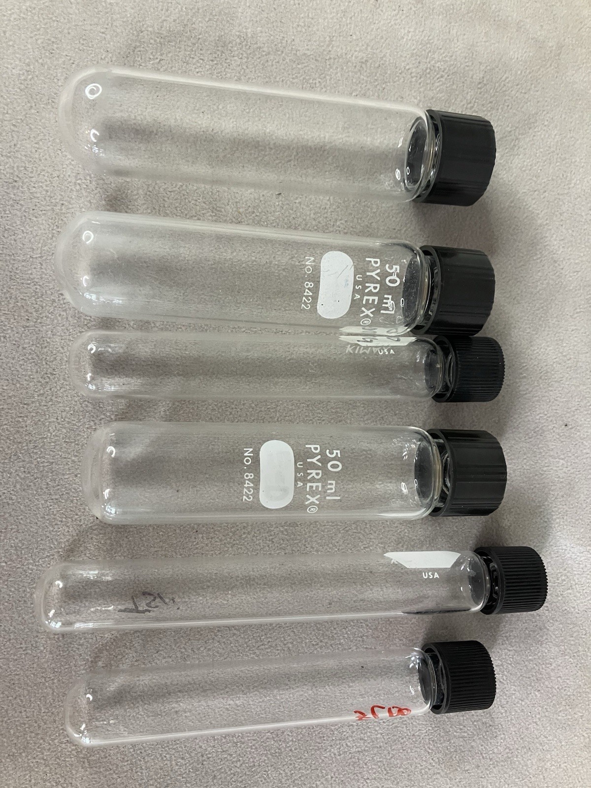 Lot Of 6 Pyrex and Kimax laboratory Bottles and Test tube Clamp Lot Of 6 Pyrex and Kimax laboratory Bottles and Test tube Clamp