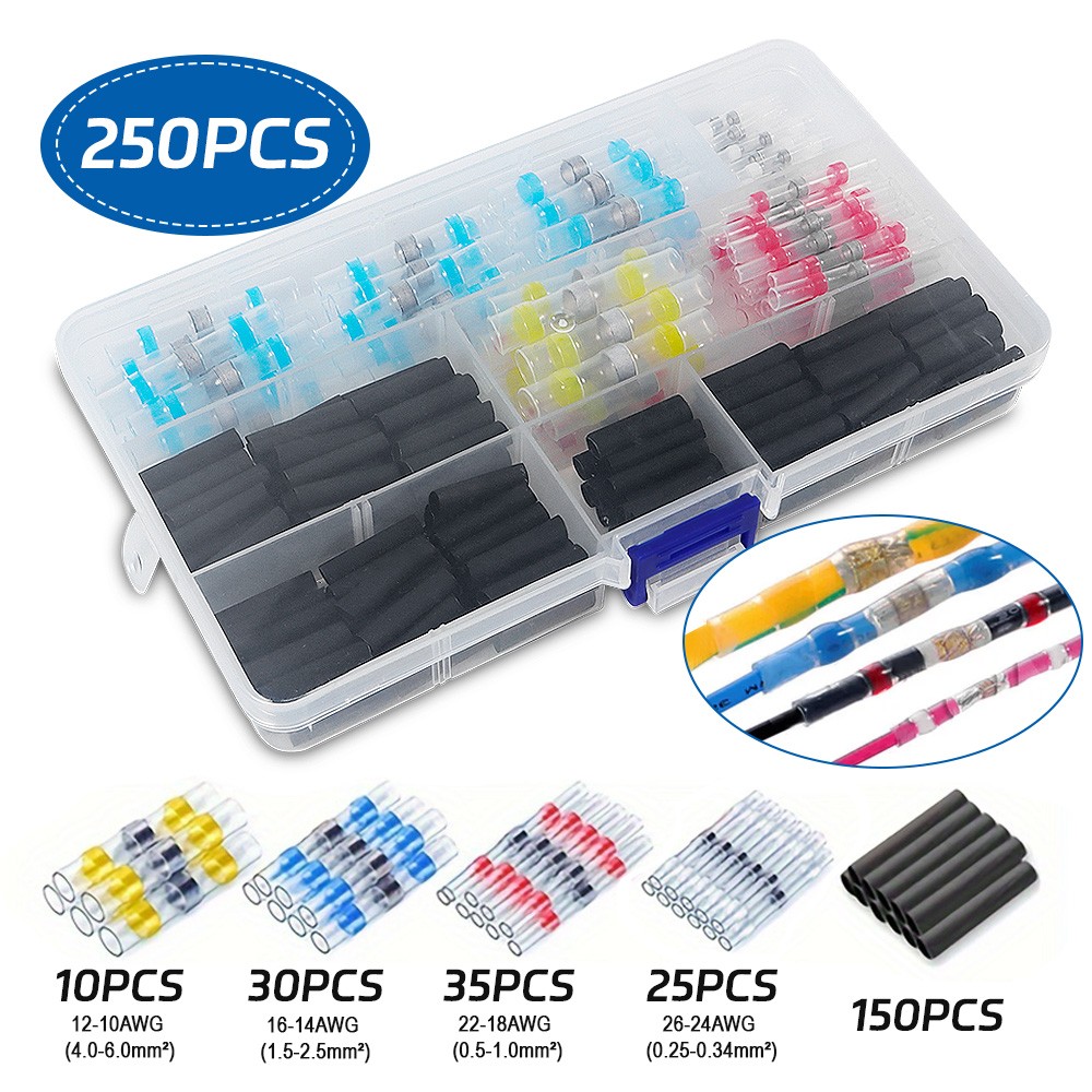 250PCS Waterproof Solder Seal Sleeve Heat Shrink Butt Wire Connectors Terminals