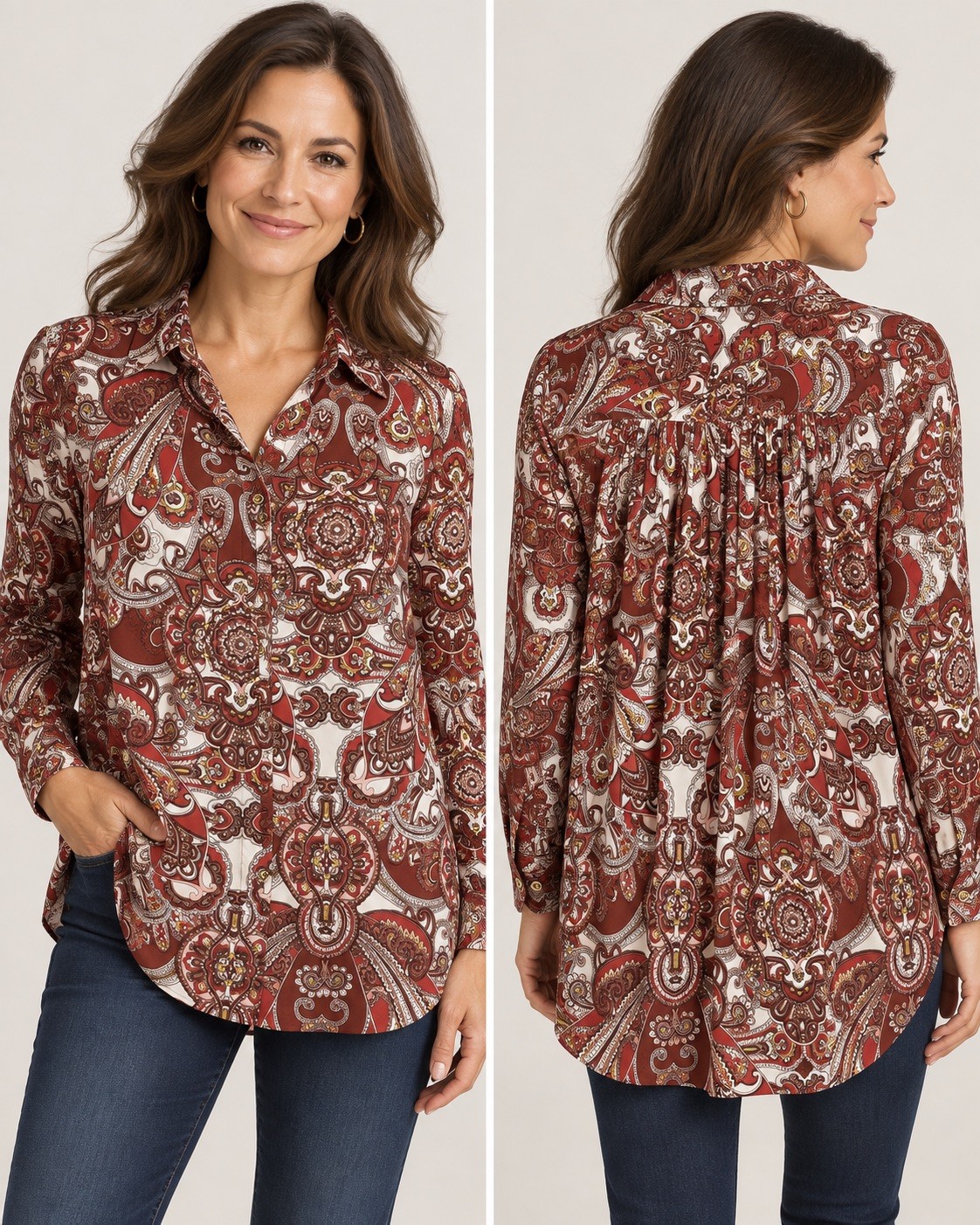 Chico’s Size 2 Paisley Button Front Blouse Burgundy Red Boho Retro Tunic Top