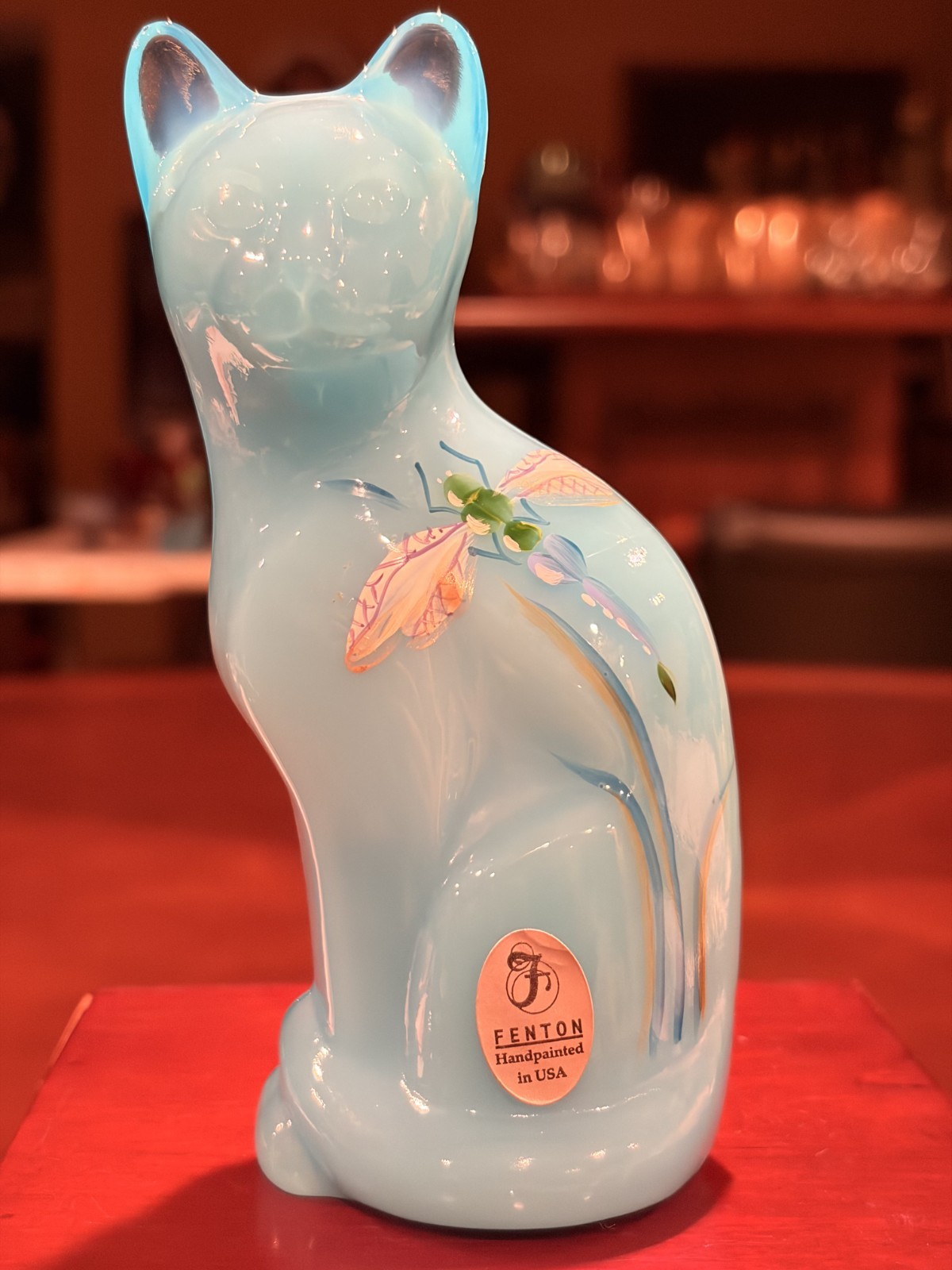 Fenton Sky Blue Opalescent Stylized “Dragonfly” Cat Hand Painted Signed S Waters Fenton Sky Blue Opalescent Stylized “Dragonfly” Cat Hand Painted Signed S Waters