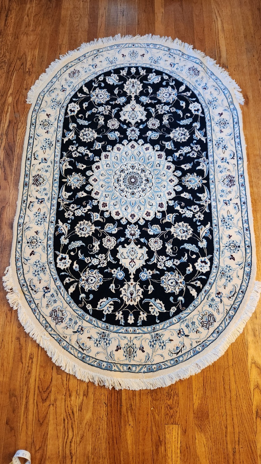 Per\'sian Nain Rug Oval 3x5 Navy Blue Ivory  Fine True 289 KPSI Wool & Silk