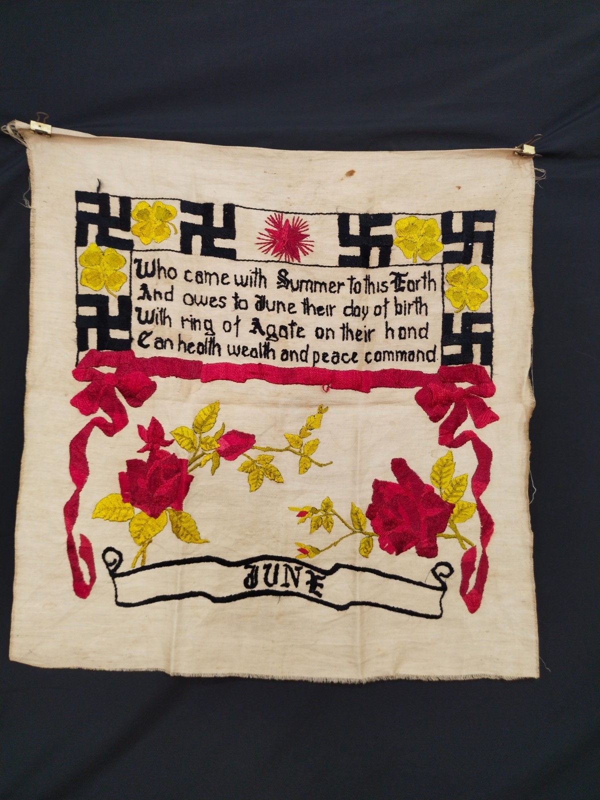 Vintage June Birthstone Poem Embroidery  Good Luck Birth Month Textile