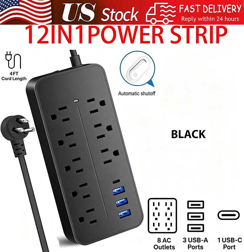US Power Strip Surge Protector 8 AC Outlets 3 USB Ports + Type C Port 4 FT Cable
