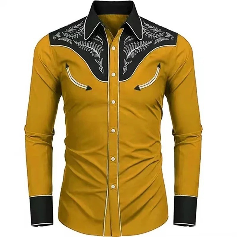 Men's Western Cowboy Shirt Long Sleeve Retro Printing Casual Buttons Down Shirt
