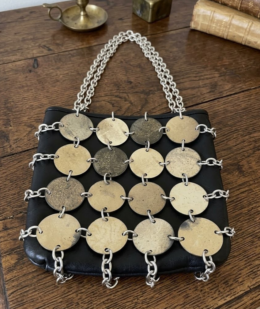 Vtg Murray Kruger Italy Black Leather Chainmail Disc Shoulder Bag Purse SpaceAge