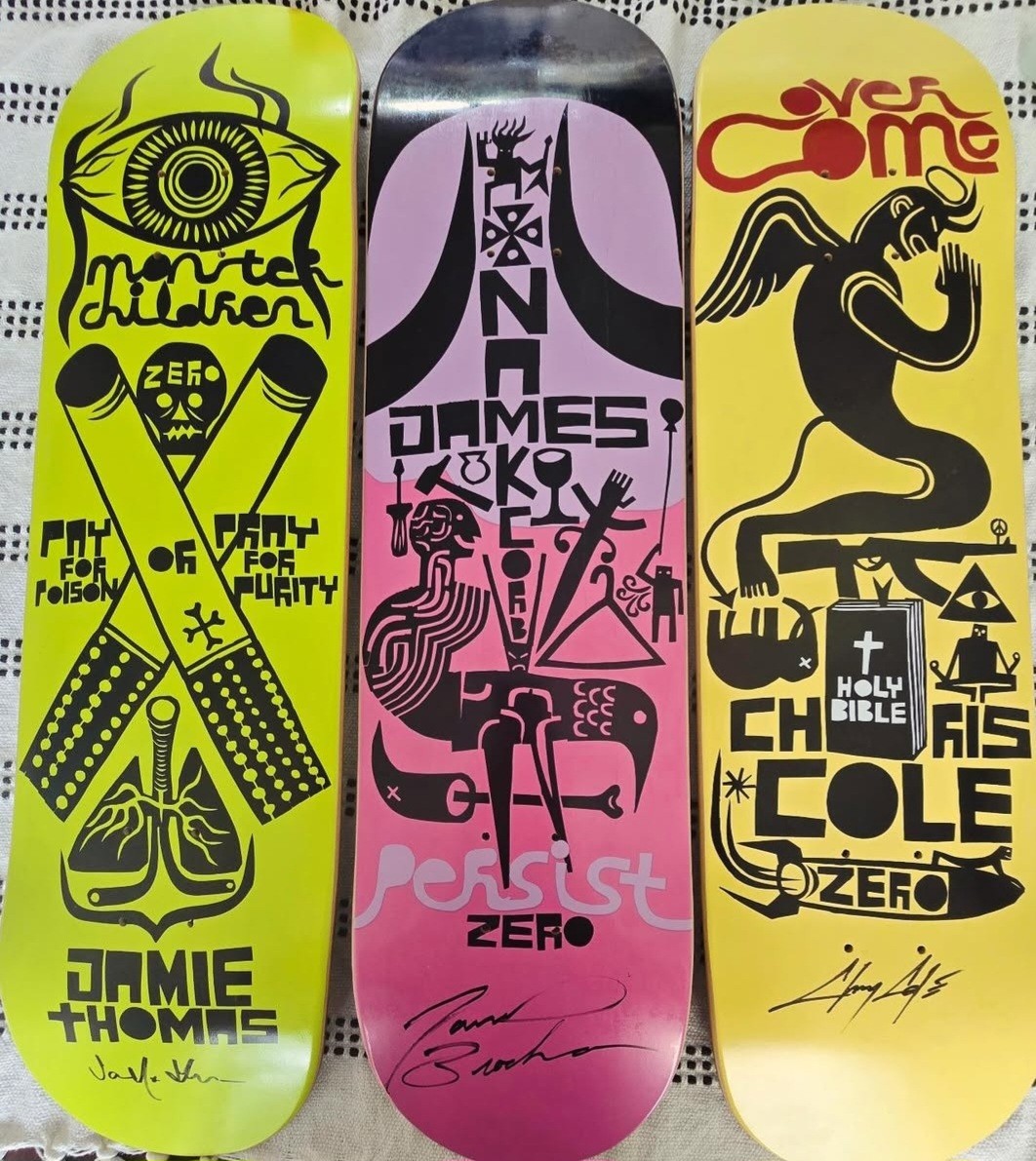 Zero Skateboard Deck Lot - Jamie Thomas, Chris Cole & James Brockman SIGNED Zero Skateboard Deck Lot - Jamie Thomas, Chris Cole & James Brockman SIGNED