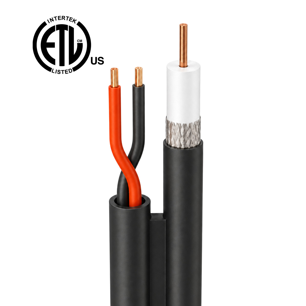 Siamese RG59 Cable, 20/2 Bare Copper ETL, Shielded Foamed PE Dielectric, 500 FT