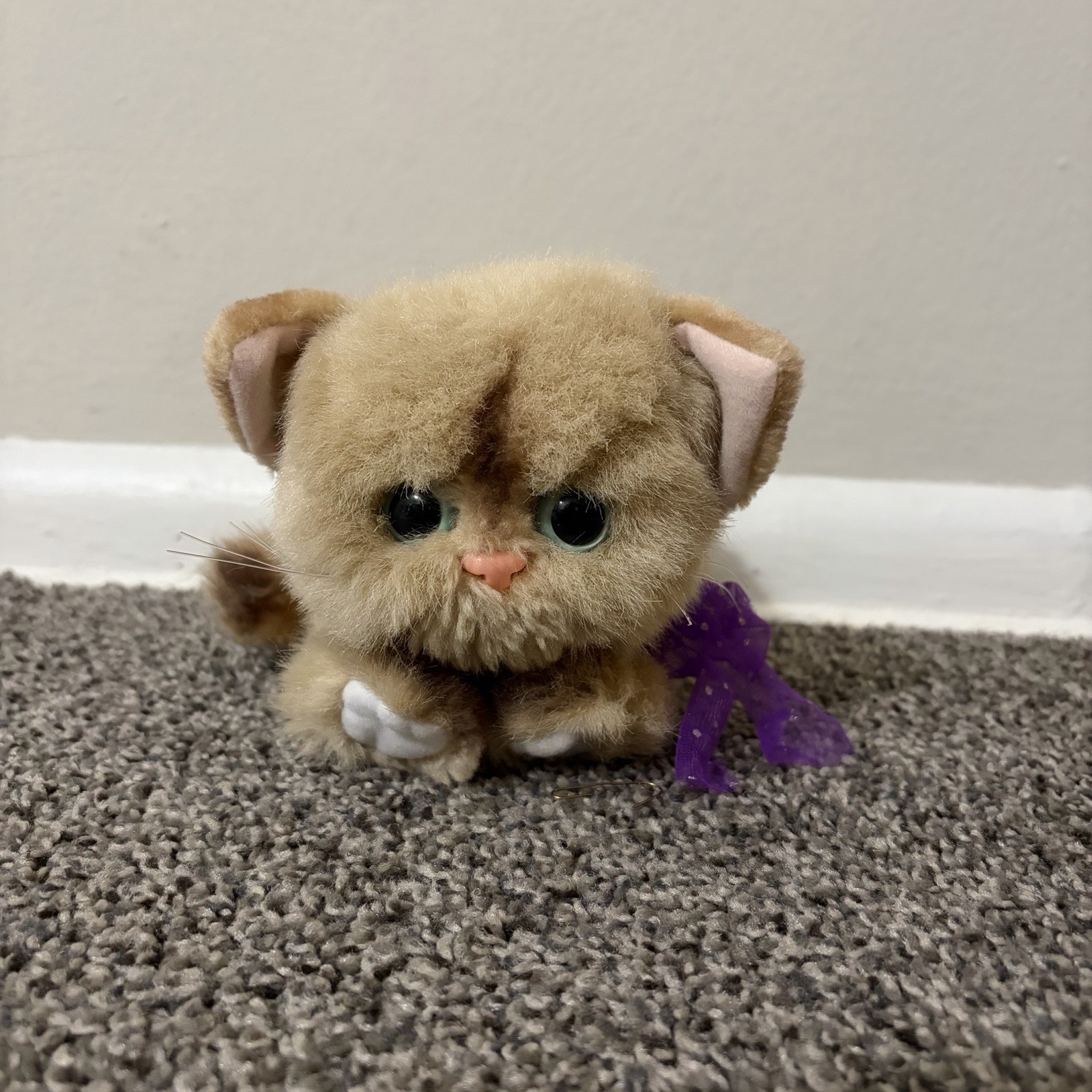 Vtg Tyco Plush 1992 Kitty Kitty Kittens Brown Tan Siamese Cat Purring Purple Bow