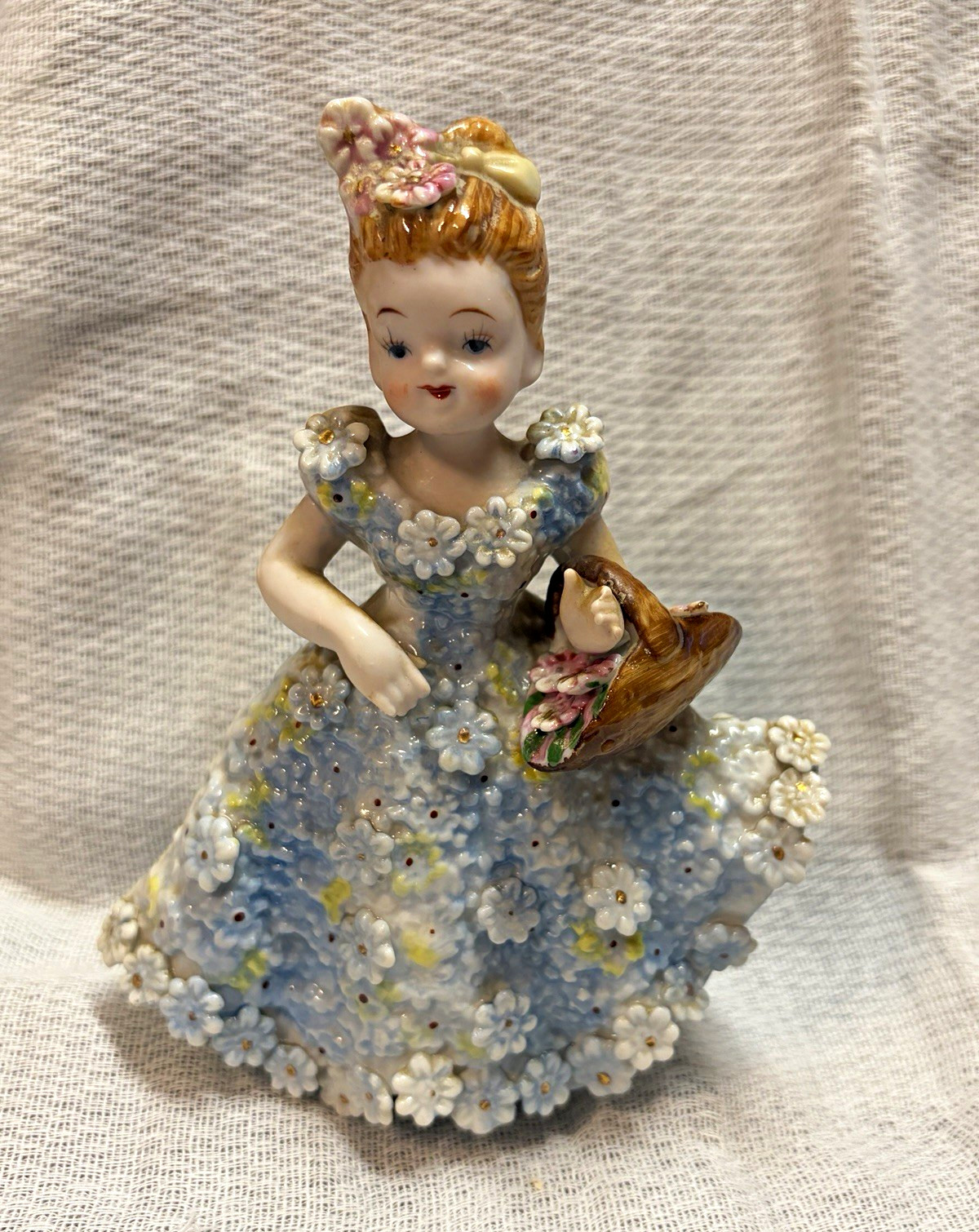 Vintage Ardalt Porcelain Girl Figurine Raised Blue Floral Dress Holding Basket Vintage Ardalt Porcelain Girl Figurine Raised Blue Floral Dress Holding Basket
