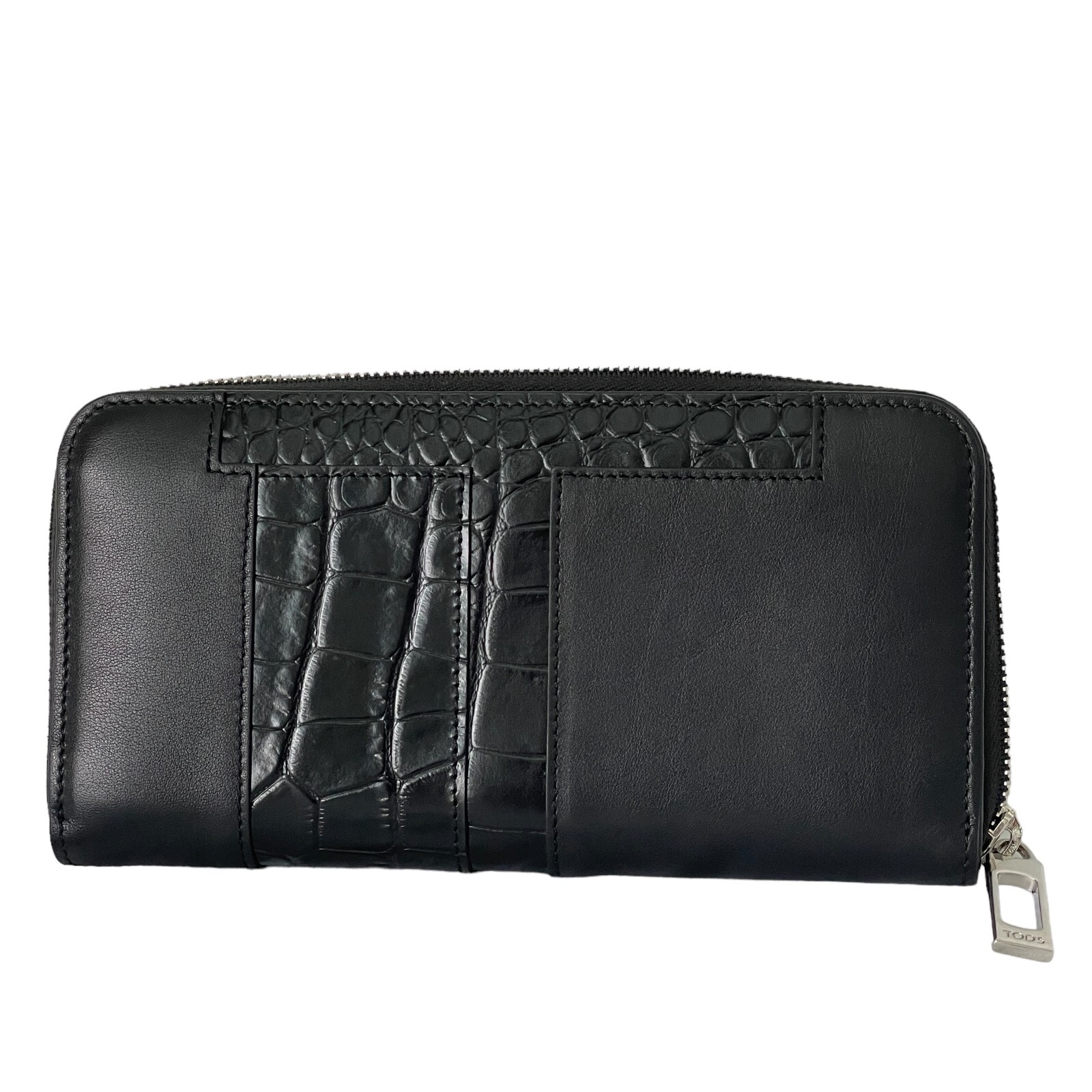 Tod\'s Italy Croc-embossed Black Leather Zip Wallet, XAMTTA0400M51B999