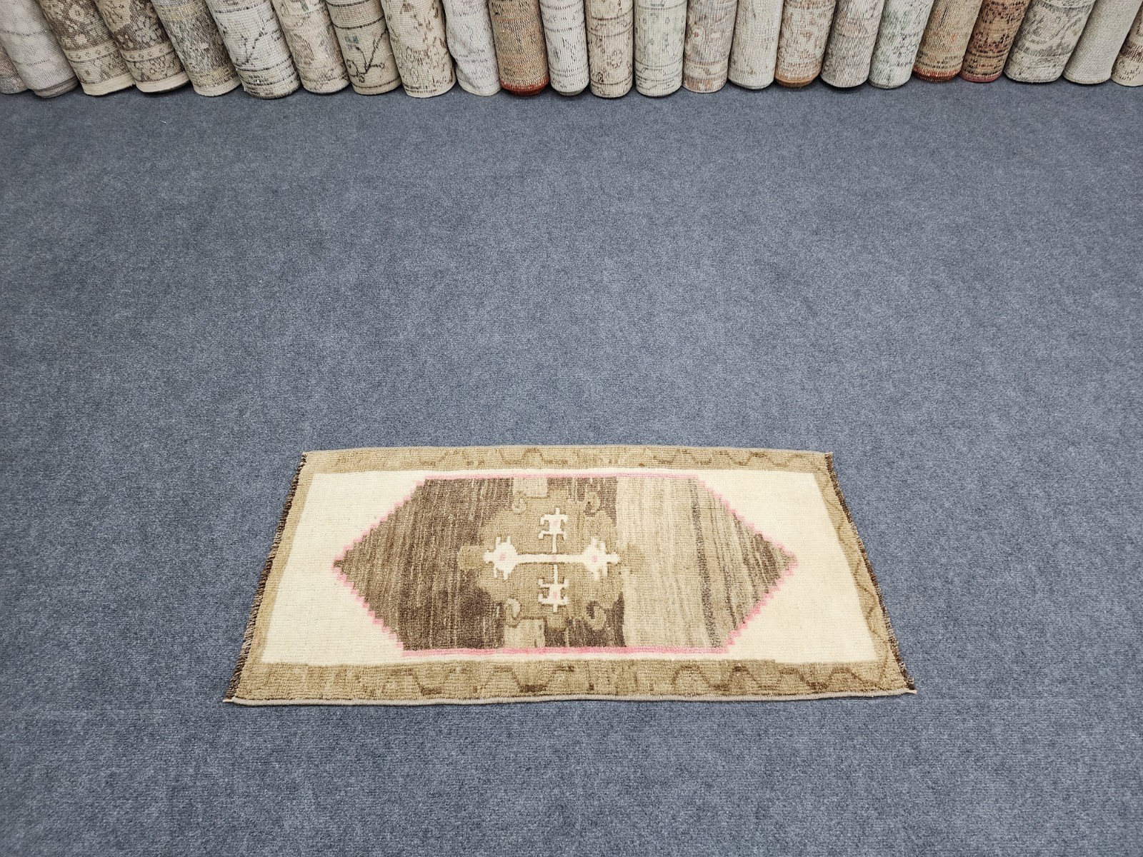 Beige Brown Medallion Vintage Turkish Door Mat, Anatolian Oushak Rug, 1.5x3.1 ft