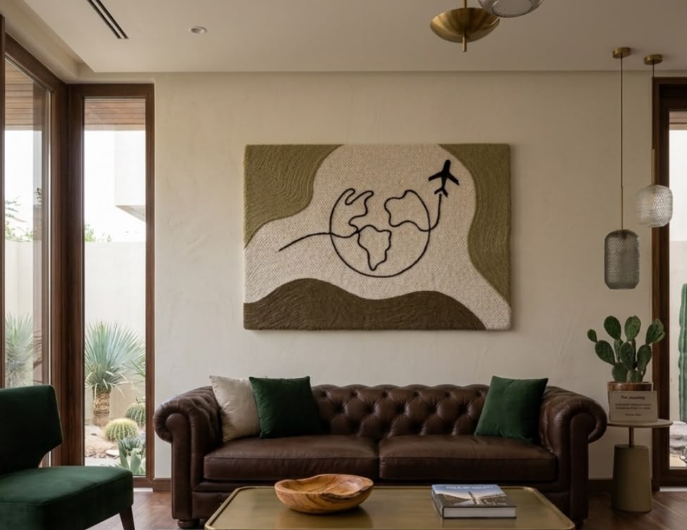 Handmade World Map Airplane Wall Art String Yarn Canvas Boho Travel Decor MDF