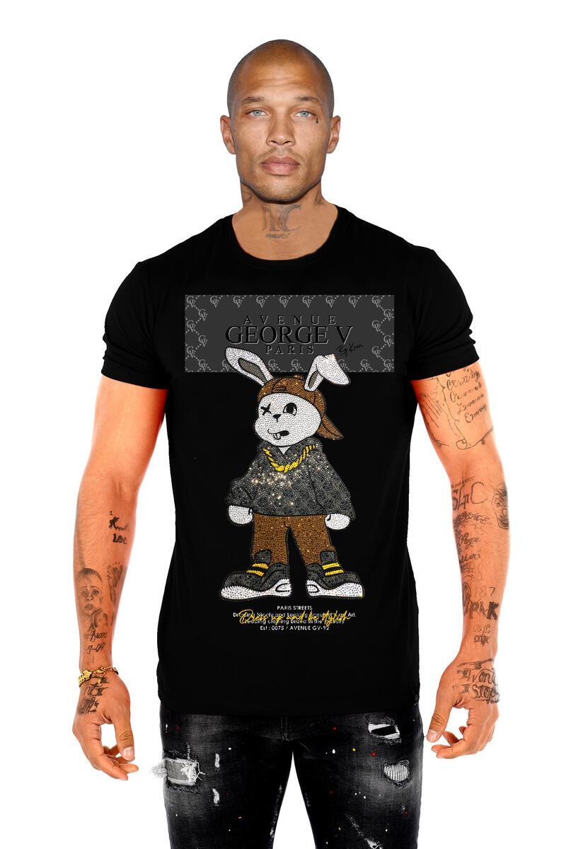 Avenue George V Men's Short Sleeves Black T-shirt Rhinestone Gold/Silver Rabbit