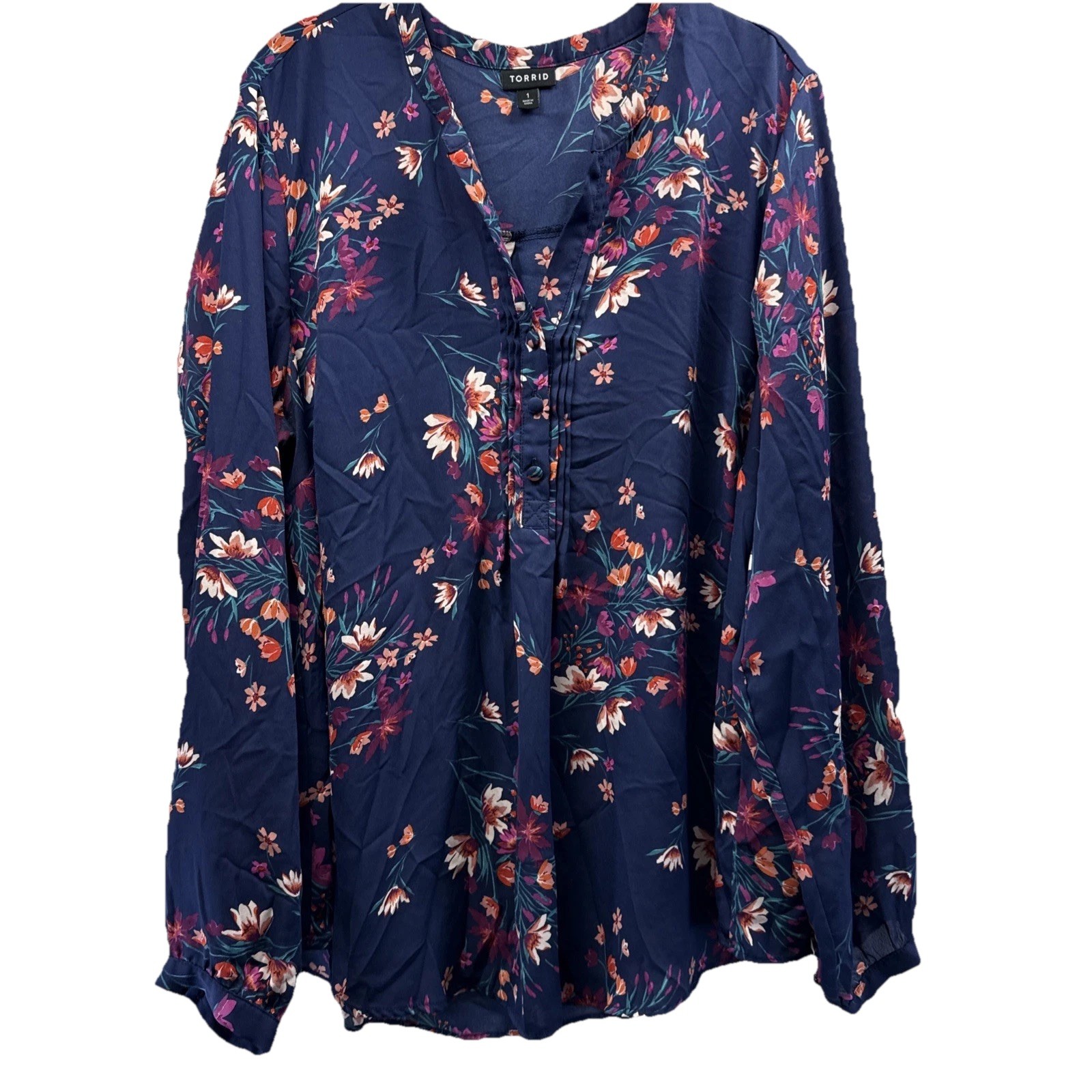 Torrid Women\'s Top Size 1X Blue Pink Floral Popover Pleated Pintuck Long Sleeves