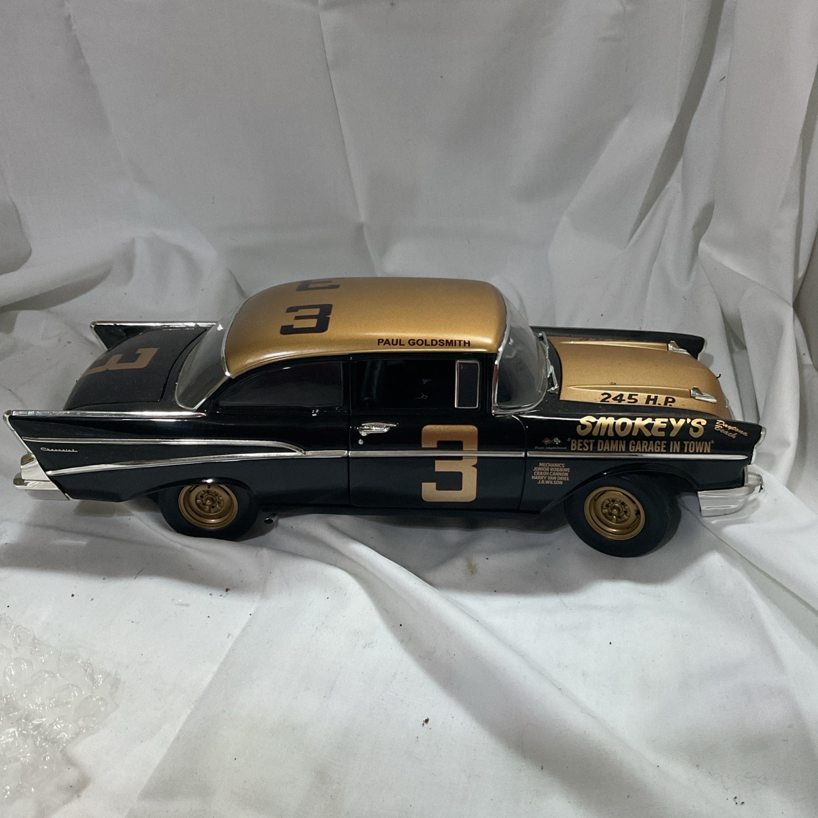 ACME 1957 Chevy BEL AIR Daytona Car SMOKEY\'S Paul Goldsmith Black w/Gold ACME 1957 Chevy BEL AIR Daytona Car SMOKEY\'S Paul Goldsmith Black w/Gold