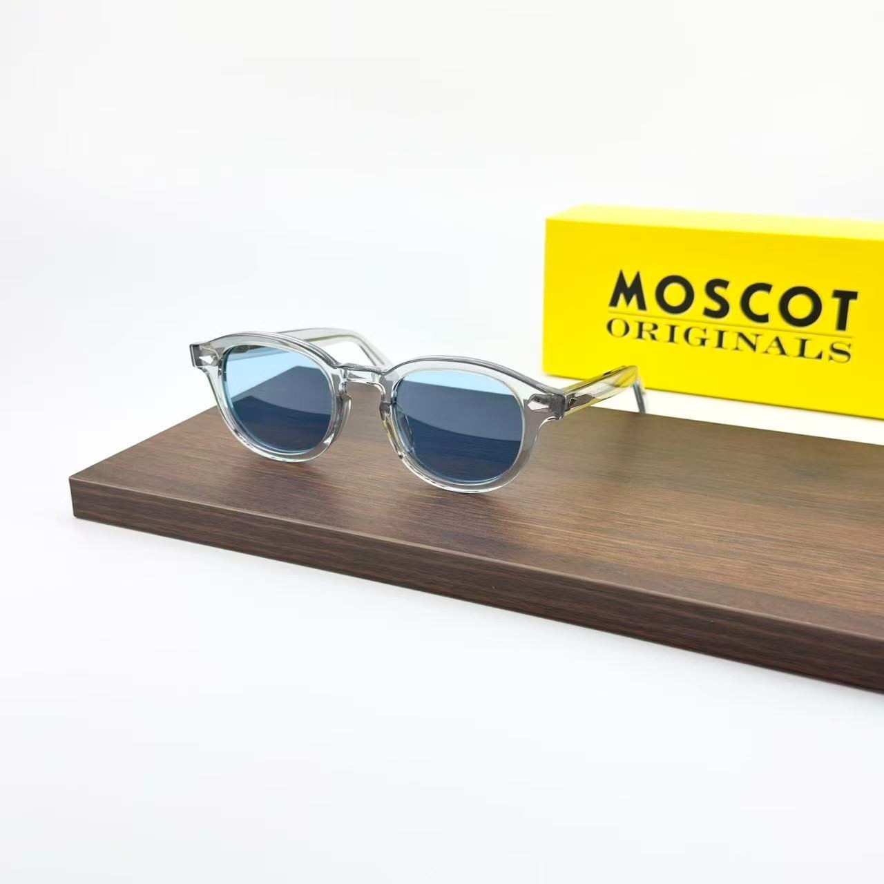 Moscot Lemtosh Crystal Grey Frame Blue Lens Sunglasses 49 Size w/ Case
