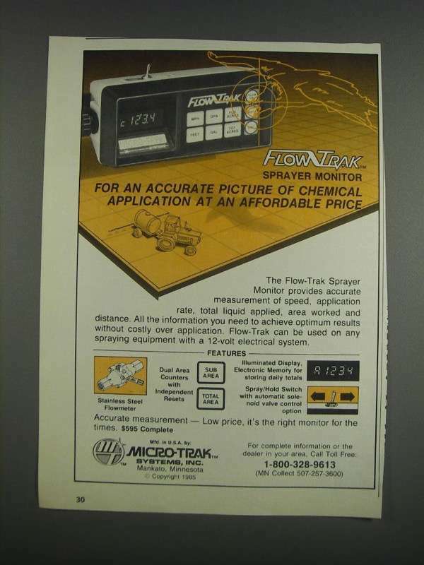 1985 Micro-Trak Flow-Trak Sprayer Monitor Ad - Accurate Picture