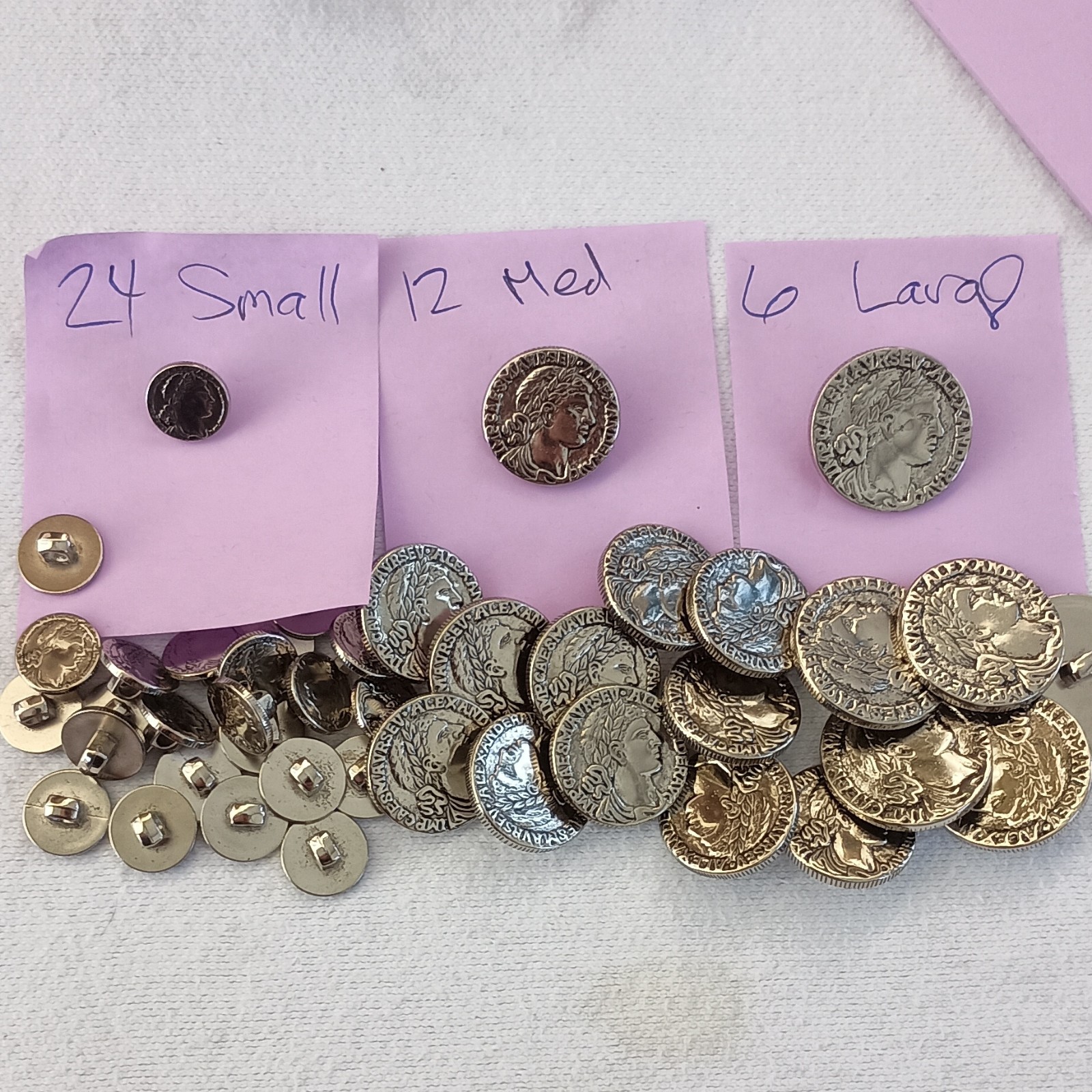 Vintage Mixed Lot Roman Coin Designed Buttons Lot Of 42, 3 Sizes