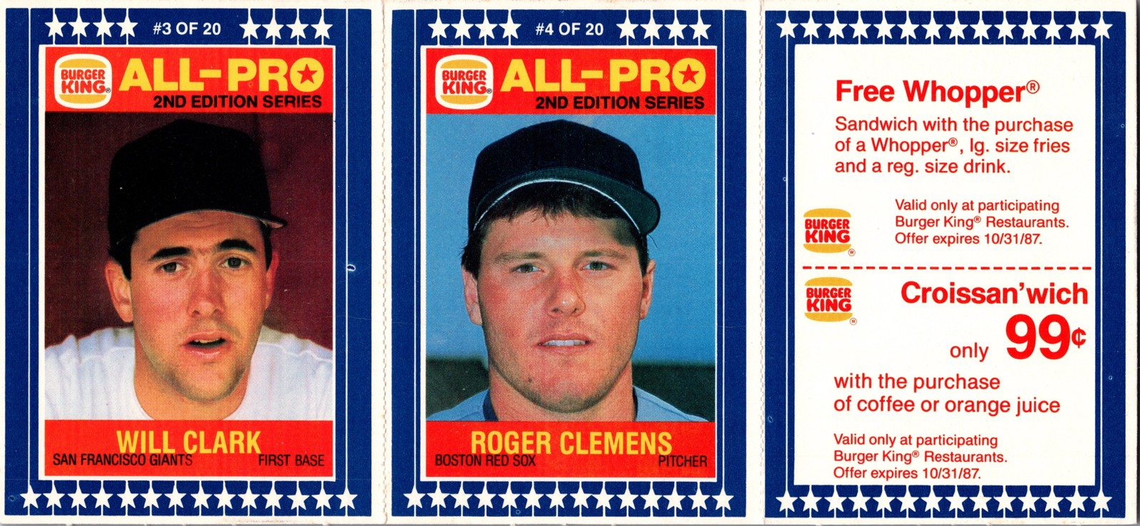 1987 Burger King All-Pro - Roger Clemens, Will Clark #3-4 Complete Panel (RC)