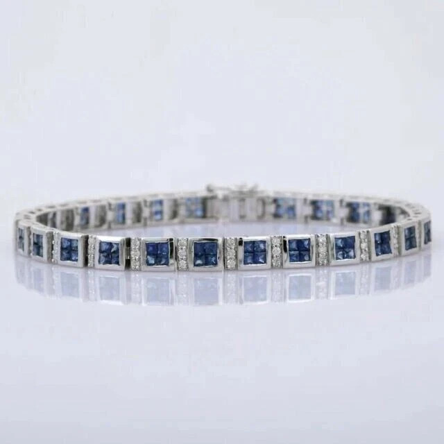7.10Ct Princess Lab-Created Sapphire Men\'s Tennis Bracelet 14K White Gold Plated