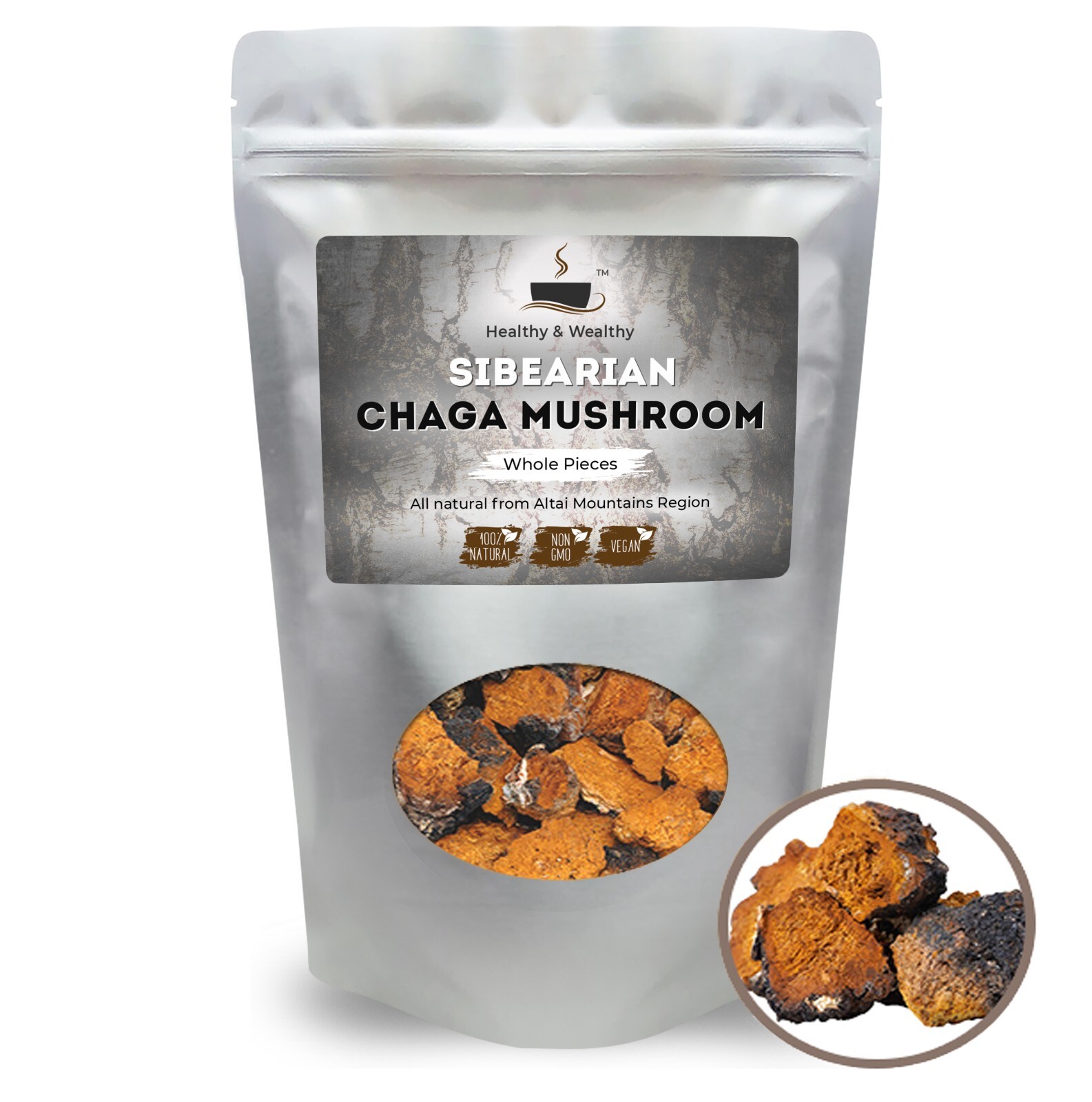 Organic Siberian Chaga Mushroom Chunks Wild Harvested Shelf Life 12/2028