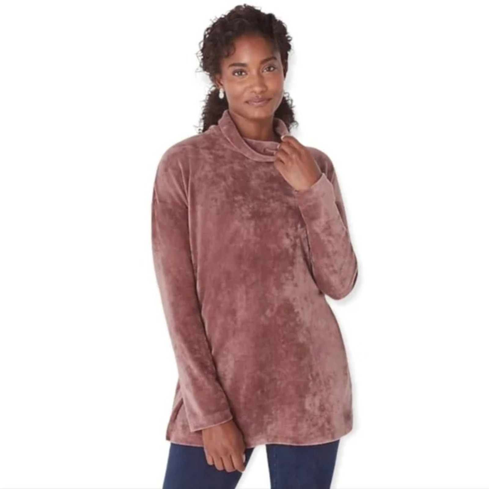 Pure Jill Rose Mauve Crushed-Velour Cowl-Neck Tunic Size XS