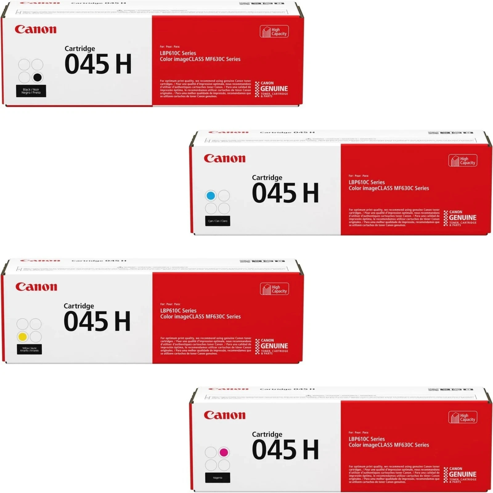 Genuine Canon 045H High Yield Toner Set Black Cyan Magenta Yellow CMYK
