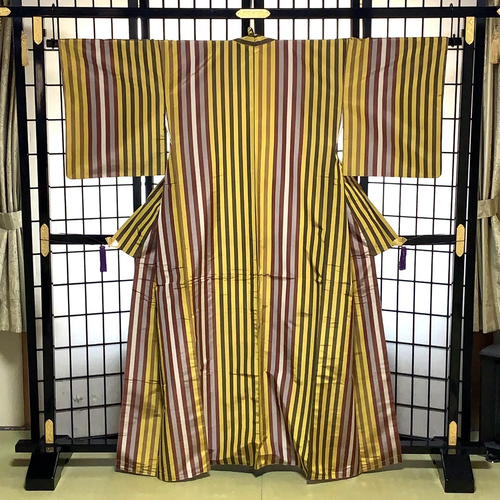 Unused  Japanese Tsumugi Silk Kimono – Striped Komon, Lined (Awase), Yellow Tone