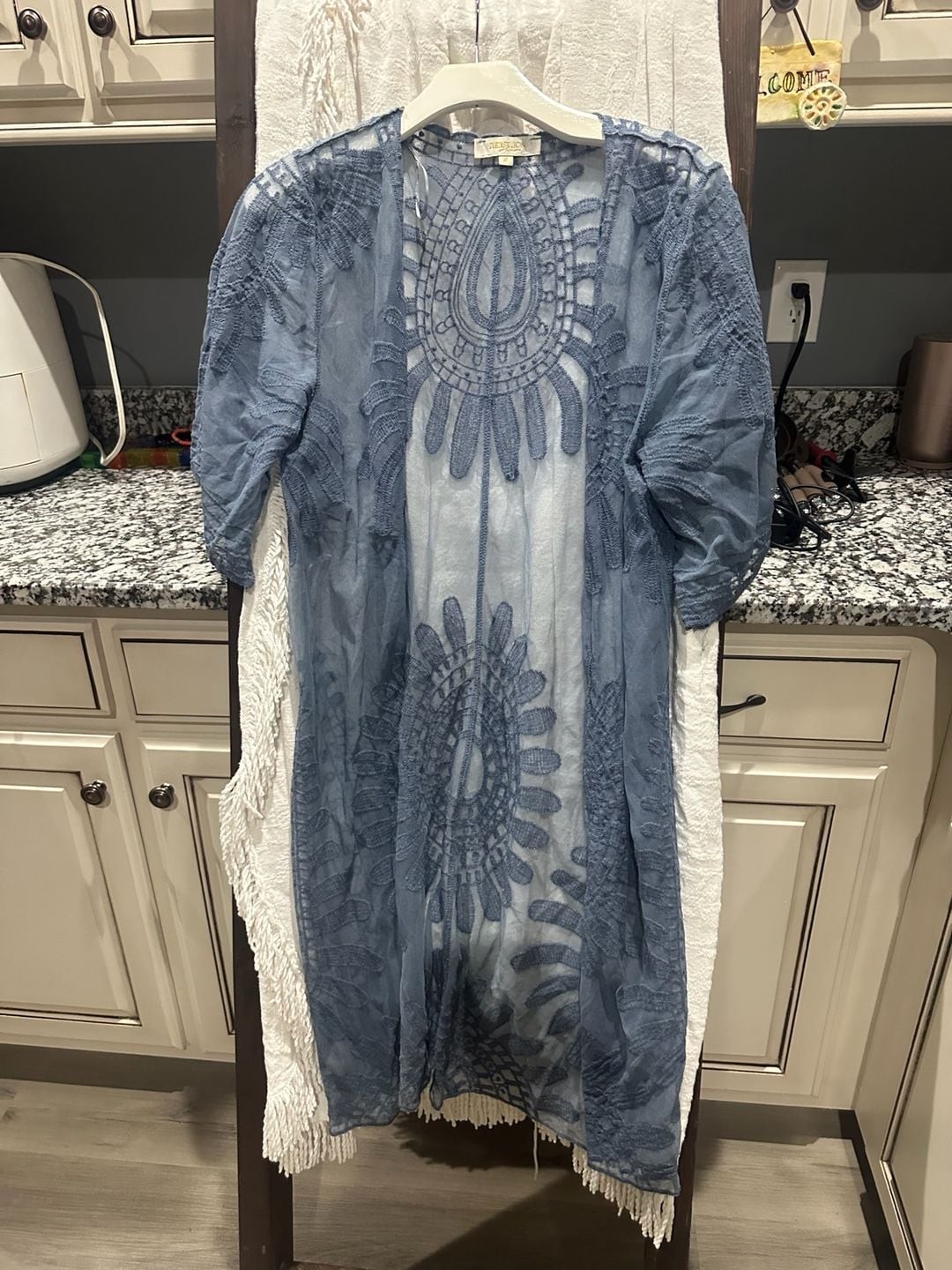 Rebellion Again Lace Kimono Cover-up Size M Blue Open Front Cardigan Rebellion Again Lace Kimono Cover-up Size M Blue Open Front Cardigan
