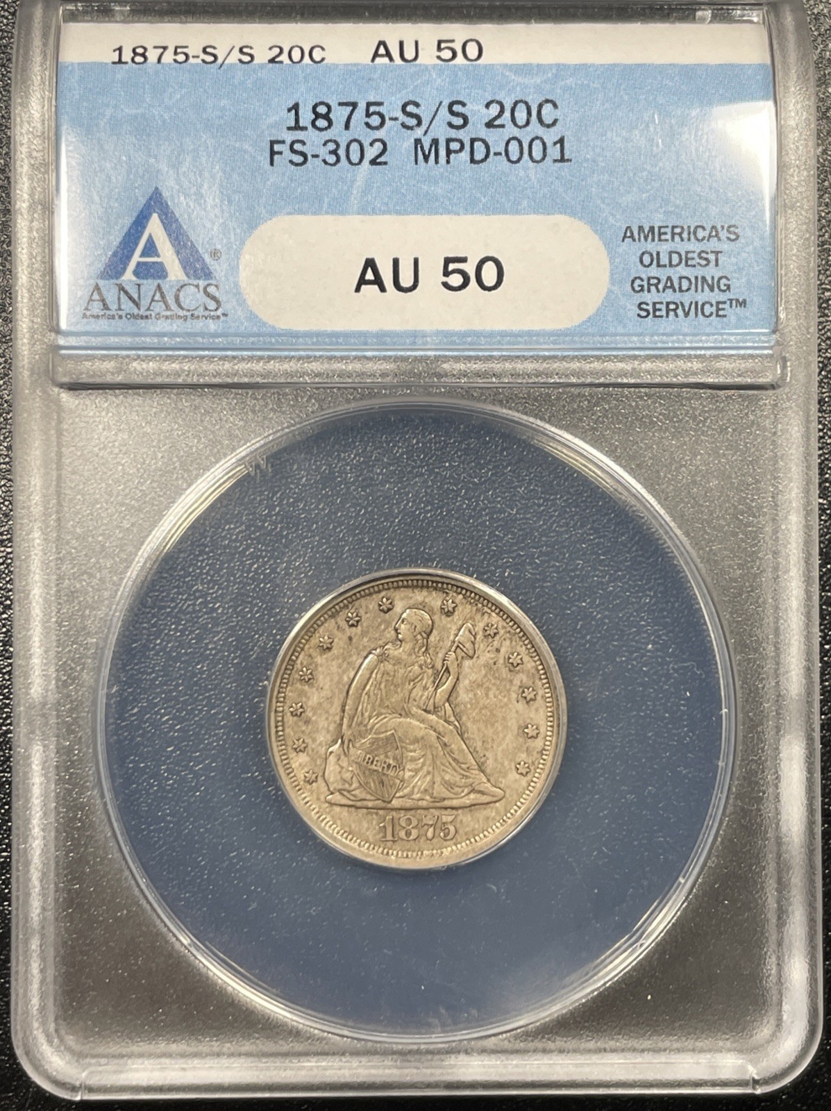 1875-S/S Twenty-Cent Piece 20c ANACS AU50 FS-302 1875-S/S Twenty-Cent Piece 20c ANACS AU50 FS-302