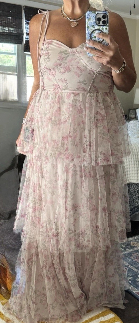 Lulus Blissfully Gorgeous Blush Pink Floral Tiered Maxi Dress XL