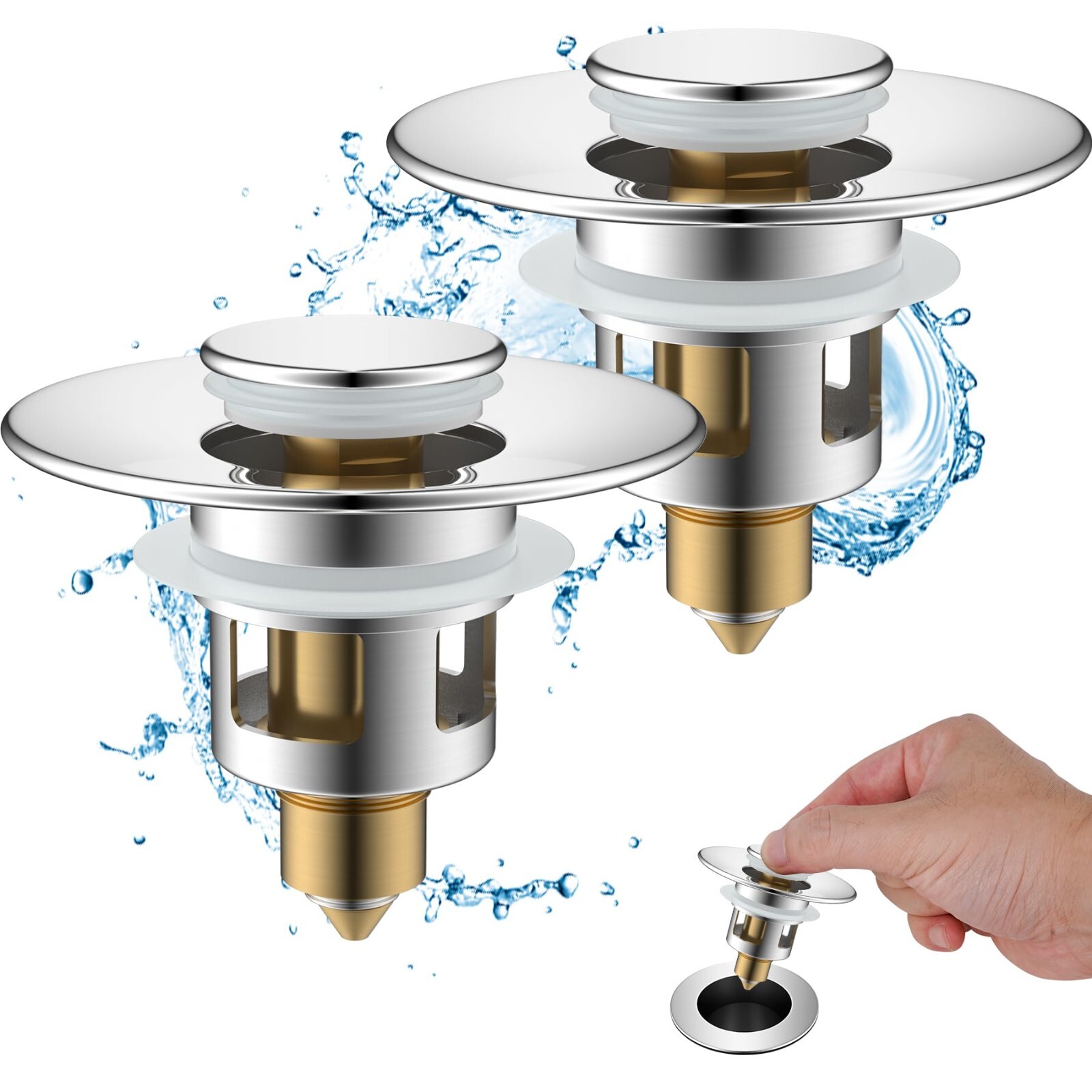 2 Pack All Metal Universal Bathroom Sink Stopper,  Pop Up Sink Drain Strainer