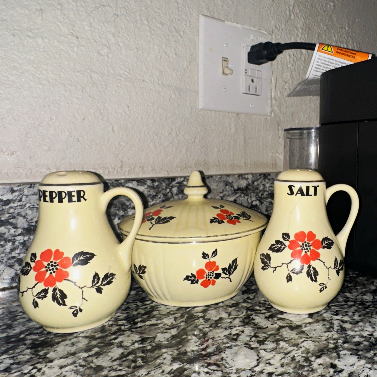 Vintage Red Poppy Pattern Hall China Company salt & pepper set plus lidded bowl.