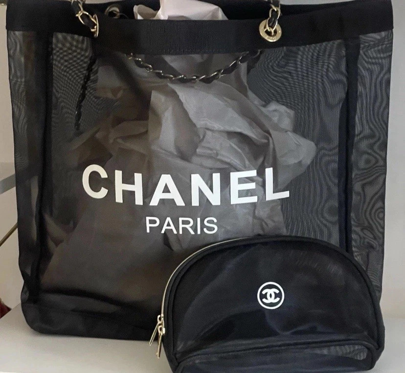 SUPER CUTE CHANEL Beauty Mesh Tote and Makeup Bag VIP GWP Gold Hardware SUPER CUTE CHANEL Beauty Mesh Tote and Makeup Bag VIP GWP Gold Hardware