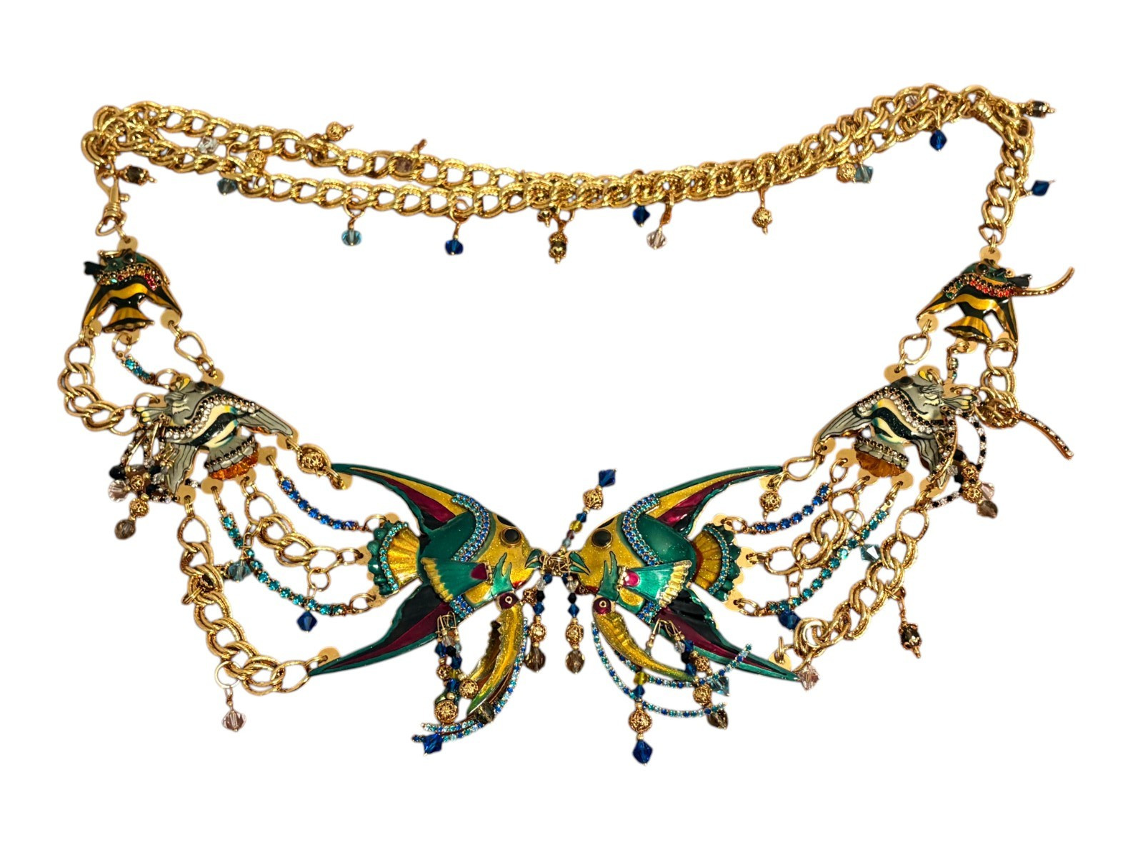LUNCH AT THE RITZ Vintage Gold Tone Ocean Fish Crystal Chain Belt One Size