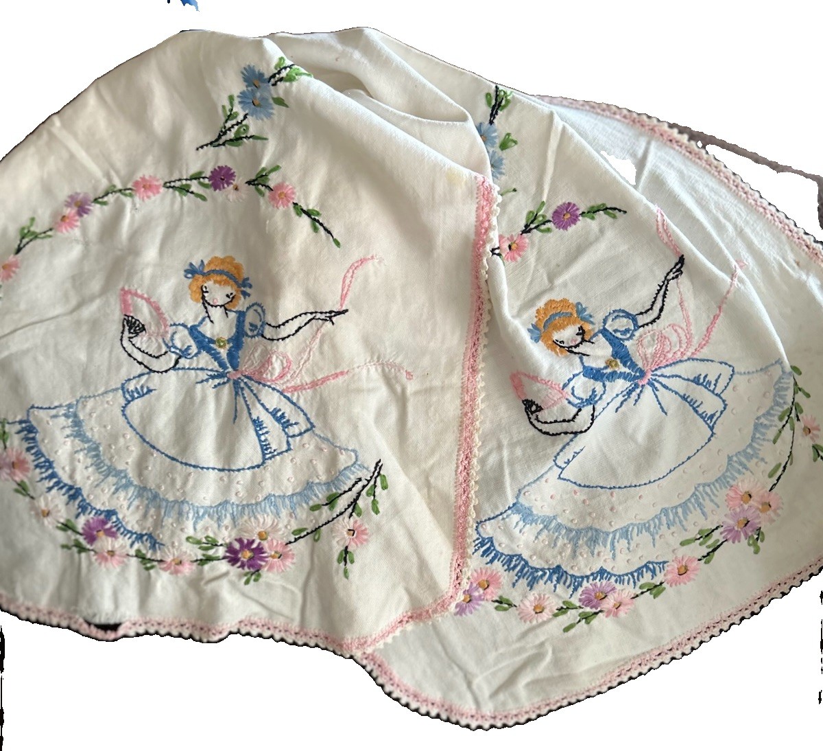 Vintage Hand Embroidered Dresser Scarf Southern Belle Crinoline Lady Stained