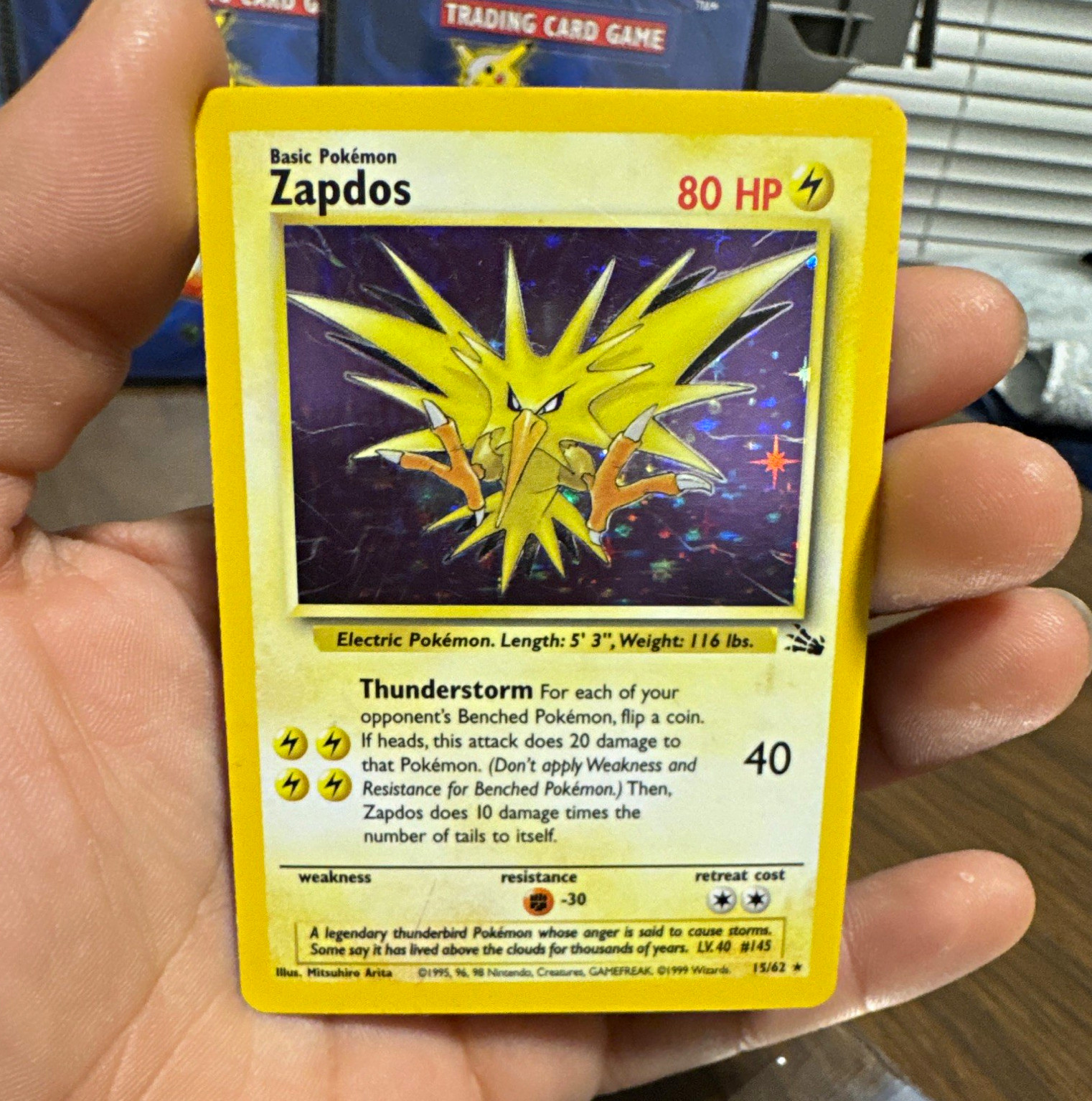 Wizards of the Coast Zapdos 15/62 Fossil Unlimited Holo Rare English 1999 80 HP Wizards of the Coast Zapdos 15/62 Fossil Unlimited Holo Rare English 1999 80 HP