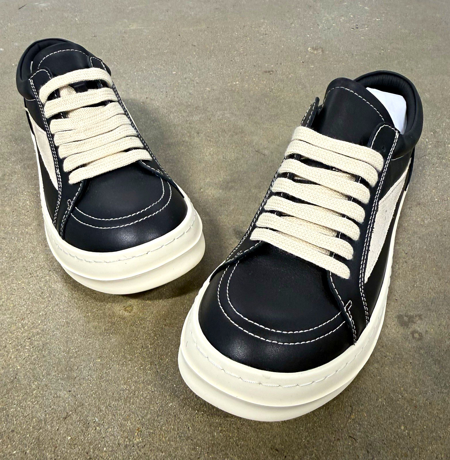 Rick Owens Men’s US 11 Black Leather Low-Top Lace-Up Sneakers White Accents