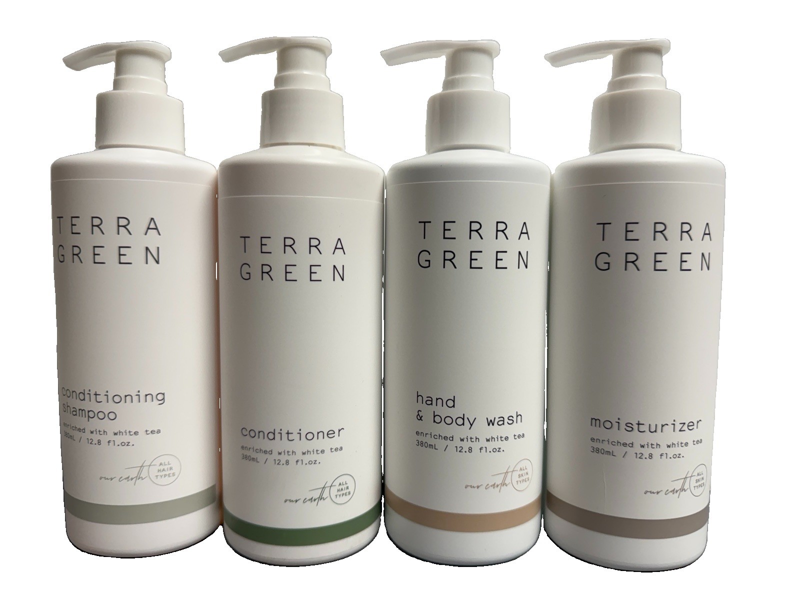 Terra Green WHITE TEA Collection Shampoo Conditioner Body Wash Lotion Set 4 PACK Terra Green WHITE TEA Collection Shampoo Conditioner Body Wash Lotion Set 4 PACK
