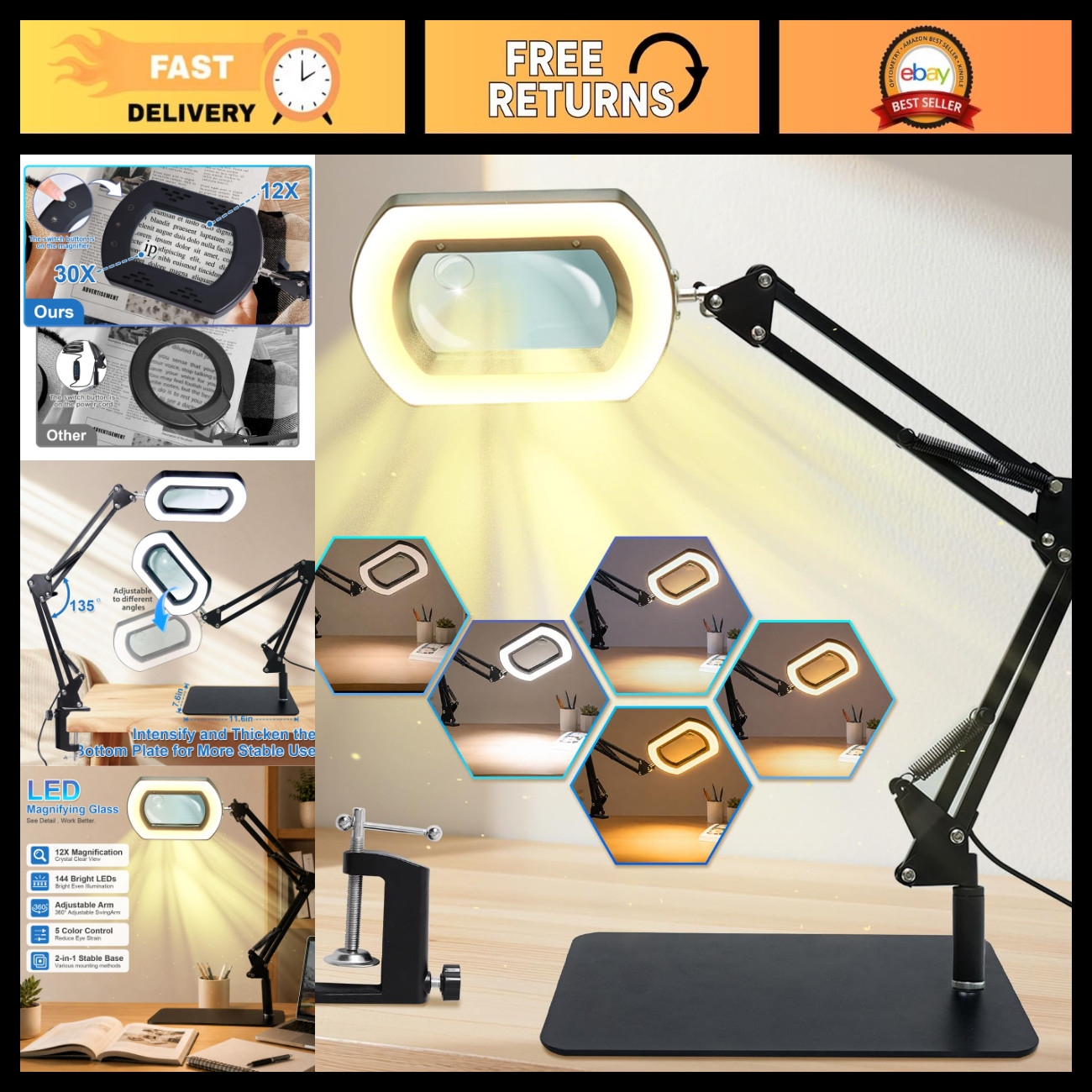 12X LED Magnifying Glass with Stand - Desk Magnifier for Reading & Hobbies 12X LED Magnifying Glass with Stand - Desk Magnifier for Reading & Hobbies