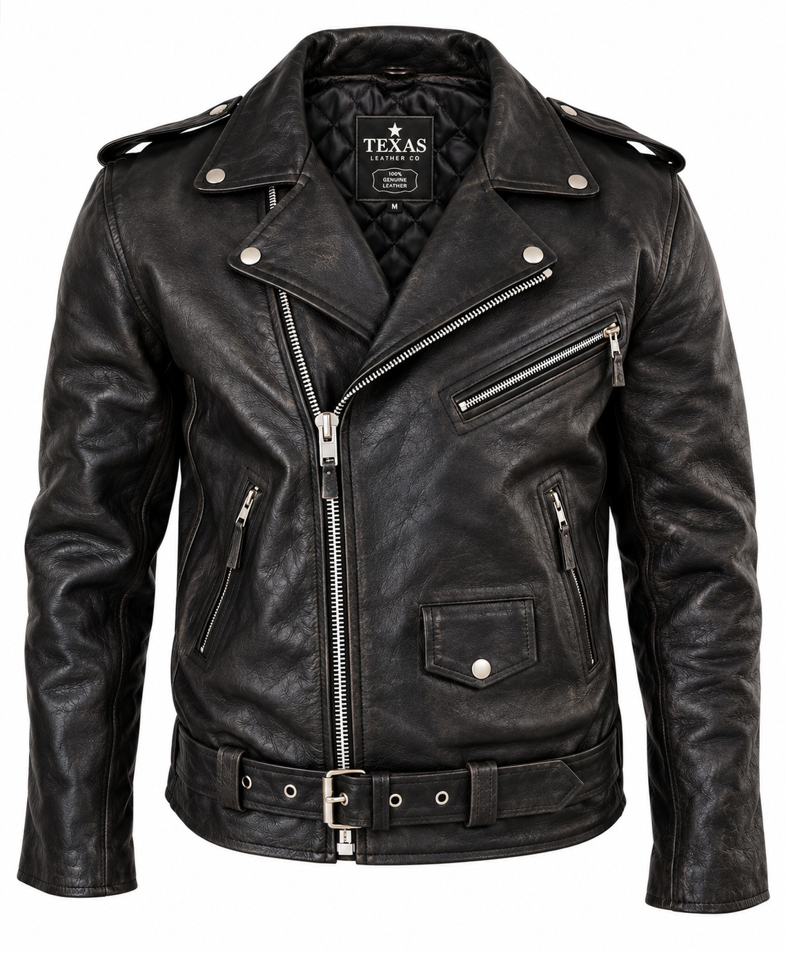 Men\'s Motorcycle Leather Jacket Genuine Buffalo Skin Brando Style Black Biker